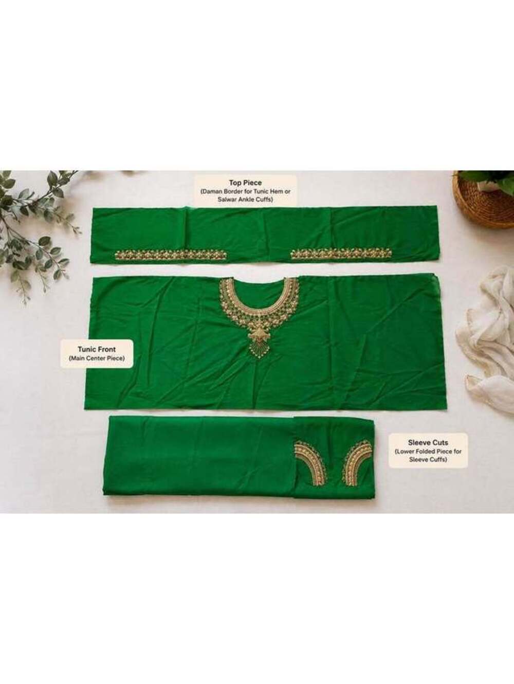 Vintage Unstitched Emerald Green Embroidered Salwar Kameez Suit Fabric Gold Bead